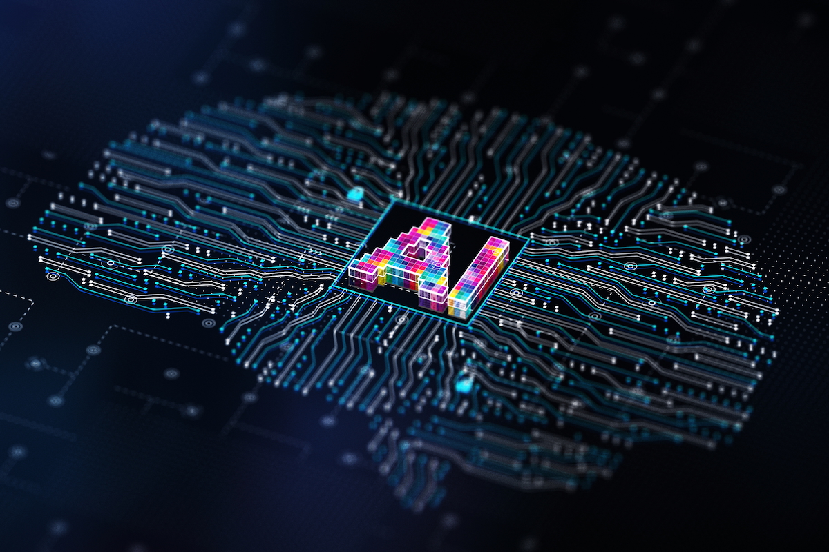 concept image of a processor showing circuits in the shape of a brain, with the letters "AI" in the middle