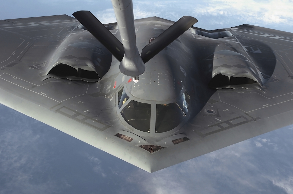 B-2 bomber approaching a refueler, view from the tanker
