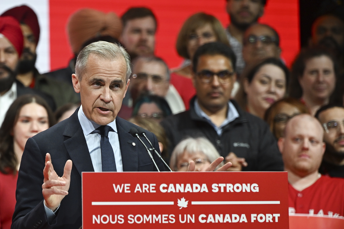 Photo of Mark Carney giving his victory speech at TD Place Arena during the Canada Strong Election Night event in Ottawa, Ontario, Canada