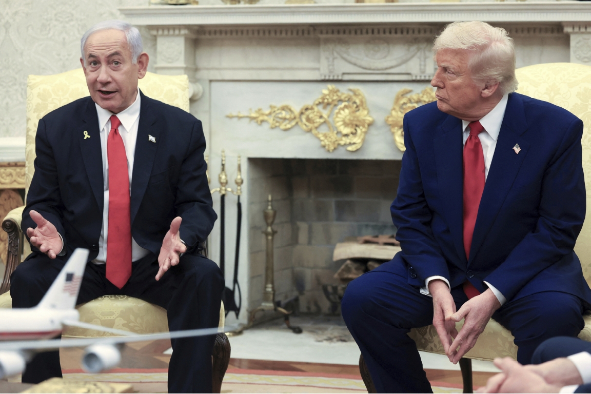 Benjamin Netanyahu and Donald Trump seated in the Oval Office